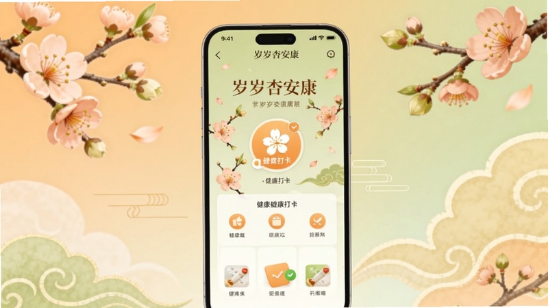 整体画面以温暖杏色与浅绿色为主调,中心位置放置一部智能手机,屏幕显示岁岁杏安康应用主界面,界面中有杏花元素与健康打卡图标,背景区域为柔和的渐变暖色,四周点缀杏花枝条与祥云纹样,整体风格清新治愈,适配Boogu模型生成