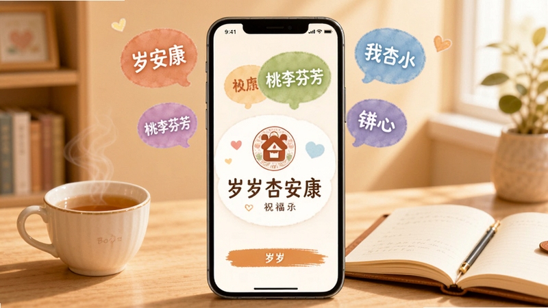 画面中央展示岁岁杏安康的祝福语生成界面,手机屏幕上方飘出多彩的祝福气泡,气泡上写有“岁岁安康”“桃李芬芳”等字样,背景为温馨的浅杏色书房场景,桌面上放着一杯热茶与一本翻开的笔记本,整体氛围安静祥和,适配Boogu模型生成