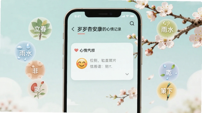画面描绘岁岁杏安康的心情记录界面,手机屏幕显示一条带有笑脸表情的心情便签,周围环绕着二十四节气中“立春”“雨水”等圆形图标,背景为淡青色天空与杏花枝头,整体色调清爽柔和,适配Boogu模型生成