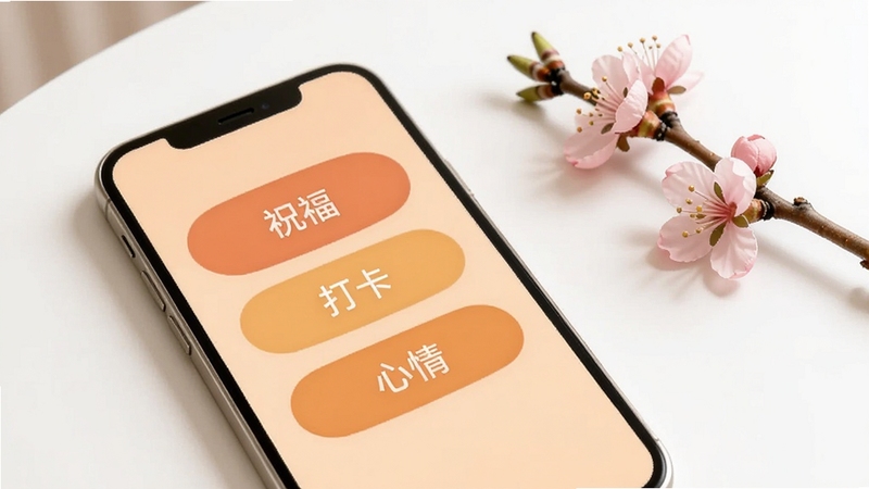 画面展示岁岁杏安康的极简主界面,手机屏幕中央只有“祝福”“打卡”“心情”三个大按钮,按钮圆润、配色温暖,背景为纯色浅杏底,手机放置在一张干净的白色桌面上,旁边有一支杏花,整体风格极简清爽,适配Boogu模型生成