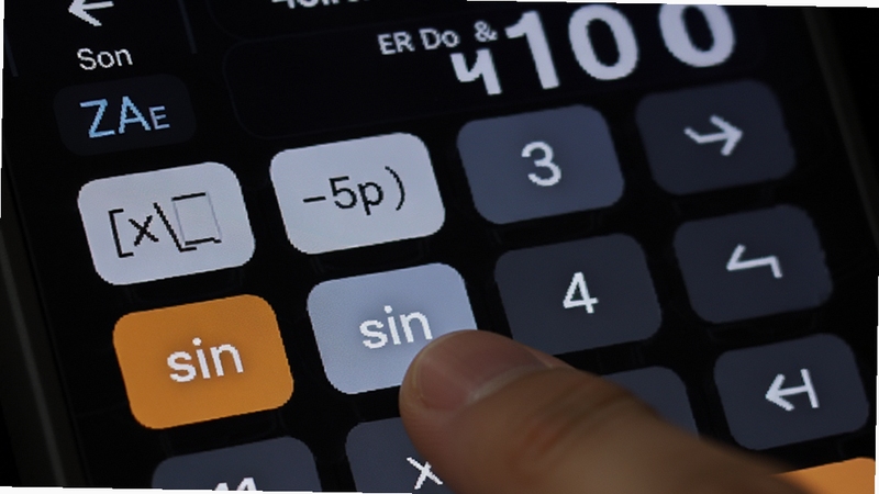 免费计算器万能王科学计算模式界面,屏幕上显示三角函数和 logarithm 计算按钮,手指正在点击sin按钮,背景为深色护眼主题,界面专业且易读