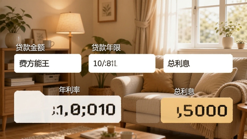 免费计算器万能王房贷计算器界面,显示贷款金额、贷款年限、年利率输入框,下方清晰展示每月还款额和总利息,背景为温馨家居风格