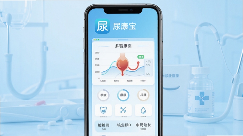 尿康宝软件主界面展示,手机屏幕居中显示尿液检测指标分析图表,背景为浅蓝色渐变医疗健康风格,画面简洁明亮,突出尿康宝应用图标与核心检测功能区域