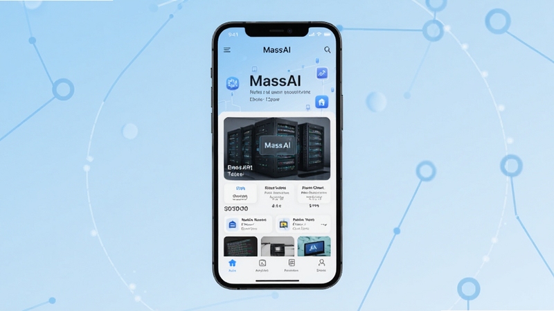MassAI 软件主界面展示,画面中央是手机屏幕,屏幕内显示 MassAI 应用首页,背景为浅蓝色渐变,简洁科技风格,高清晰度,产品展示图