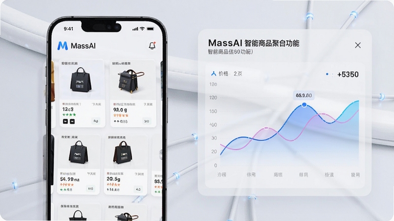 MassAI 智能商品信息聚合功能界面,手机屏幕显示多个商品卡片对比,价格曲线图,背景干净整洁,UI 设计现代,科技感十足