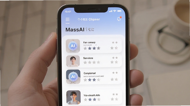 MassAI 个性化推荐页面,手机屏幕上显示推荐列表和评分星级,界面配色柔和,图标精致,突出 AI 推荐标识