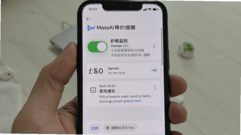 MassAI 降价提醒设置界面,手机屏幕显示价格监控开关和通知示例,背景为淡灰色,简洁明了,突出提醒功能