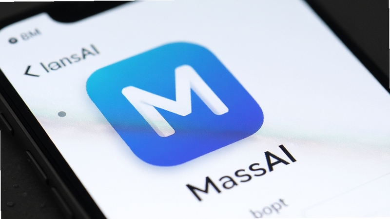 MassAI 应用图标与名称展示,手机屏幕特写,图标为蓝色渐变背景白色字母 M,背景干净,产品标识清晰