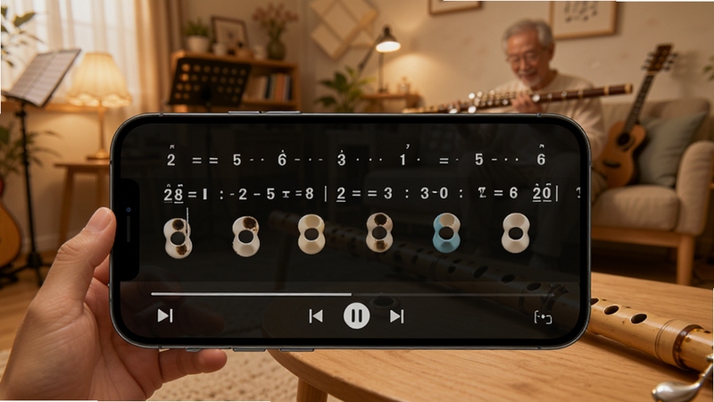 洞洞谱曲谱播放跟练界面,手机屏幕展示简谱与洞洞符号同步滚动,底部有播放控制条,背景区域为温馨的室内练习场景与竹笛,整体氛围专注而轻松