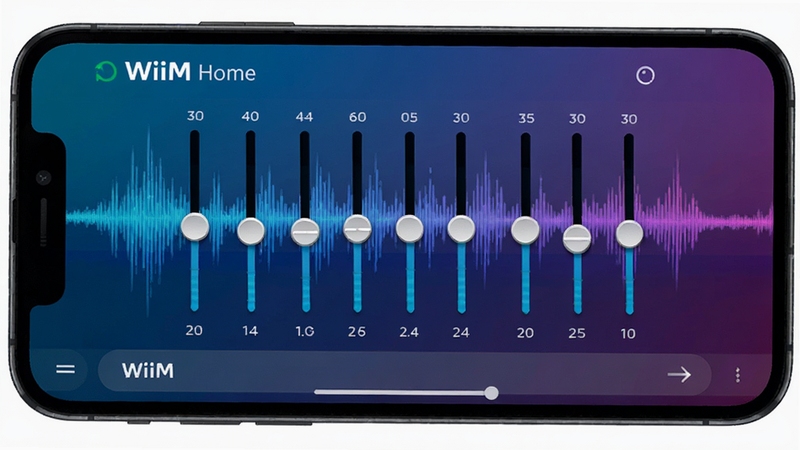 WiiM Home 音效调节界面,手机屏幕显示10段均衡器滑块,背景为抽象声波图形,科技蓝紫渐变色调