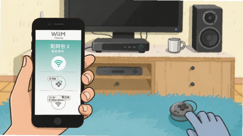 用户手持手机操作WiiM Home应用,画面显示配网步骤界面,背景为家庭路由器与音响设备,简洁明快的插画风格