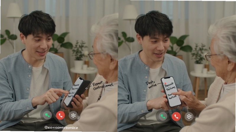 远程控制精灵远程协助场景,一位年轻人通过手机远程指导长辈操作手机,画面分屏显示两端视角,屏幕上有语音通话图标和标注笔迹,背景为居家环境,体现远程控制精灵的实用性和亲情关怀