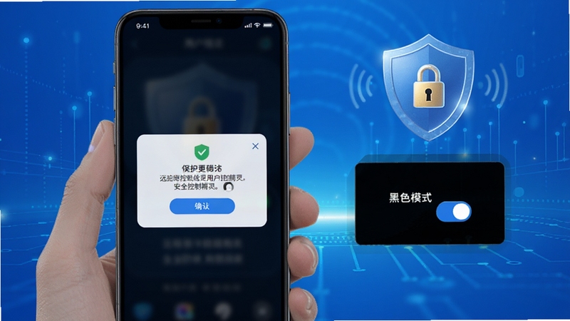 远程控制精灵安全防护功能展示,手机屏幕显示授权确认弹窗和黑屏模式开关,画面中有盾牌图标和安全锁元素,背景为蓝色渐变科技风格,突出远程控制精灵对用户隐私的保护