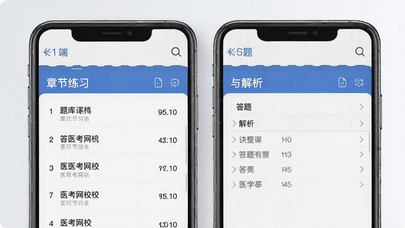 医考网校手机端章节练习界面展示,题库列表清晰排列,答题卡与解析区域层次分明,整体风格简洁专业