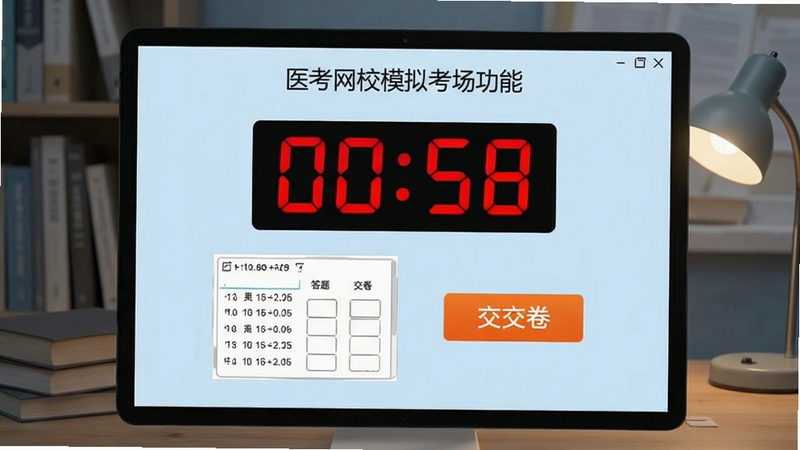 医考网校模拟考场功能界面,倒计时醒目,答题卡与交卷按钮布局合理,背景为淡蓝色学习氛围