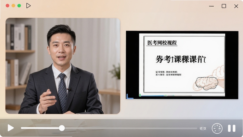 医考网校视频课程播放界面,讲师画面与课件同步展示,进度条与倍速按钮清晰可见,整体色调柔和