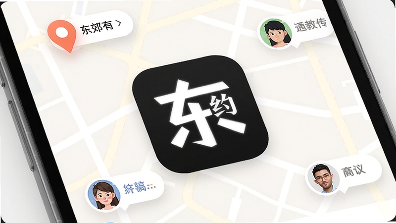 东郊有约 应用主界面 手机屏幕展示 现代简约风格 浅色背景 中心位置为APP图标与功能入口 周围环绕同城地图标记与用户头像气泡 柔和光线 扁平化设计 高清细节