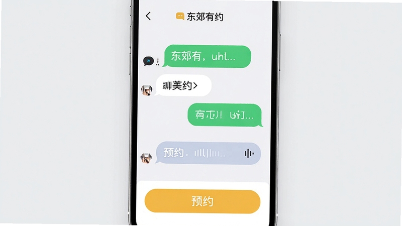 东郊有约 聊天预约界面 手机屏幕展示 对话气泡中包含文字与语音条 下方有预约按钮 背景为浅灰色 界面干净整洁 突出即时通讯与预约功能的融合
