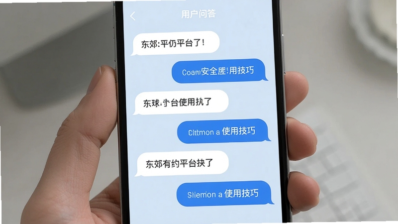 东郊有约 用户问答界面 手机屏幕 展示多个问题与回答气泡 背景为浅蓝色 问答内容涉及平台安全与使用技巧 简洁清晰的排版风格
