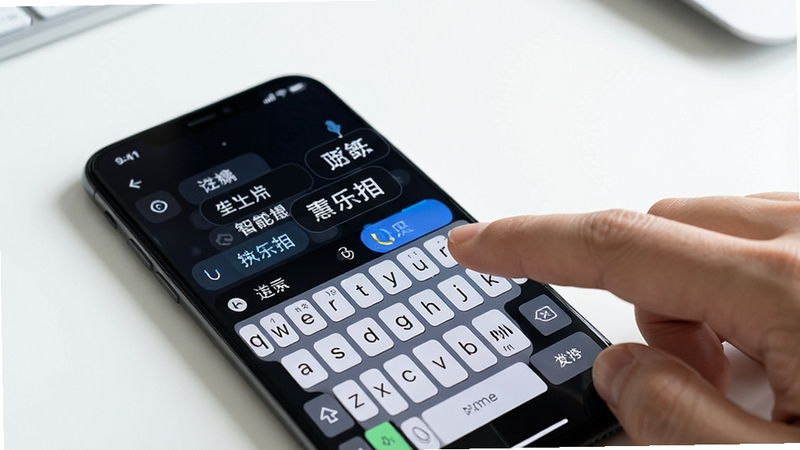 小喇叭键盘 智能联想功能演示,手机屏幕显示键盘上方出现候选词条,手指正在点击选择,背景为干净的白色桌面,突出智能输入体验