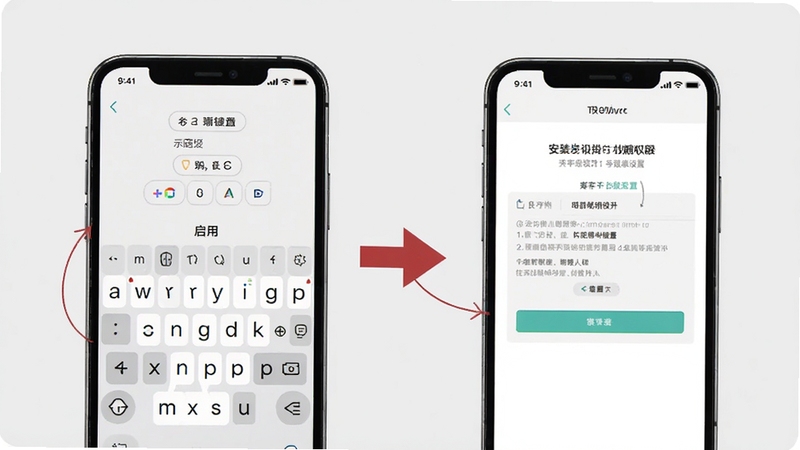 小喇叭键盘 安装设置步骤示意图,手机屏幕展示输入法启用界面和权限设置页面,画面简洁明了,带有箭头指引,背景为浅灰色,适合教程配图