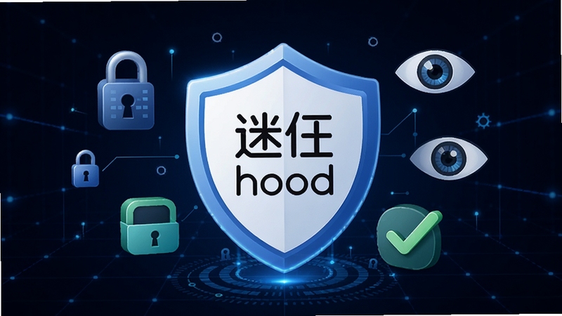 迷住hood隐私安全防护概念图,画面中央是一个盾牌形状的图标,盾牌内部有迷住hood的Logo,盾牌周围环绕着锁、眼睛、勾选标记等安全元素,背景是深蓝色科技感网格,体现安全可靠的视觉感受,适配Boogu模型生成