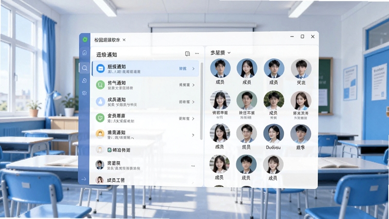 校园班级软件主界面全貌展示,画面中央为班级通知列表与成员头像网格,背景区域为明亮的教室场景,蓝白配色清爽简洁,适合Boogu模型生成