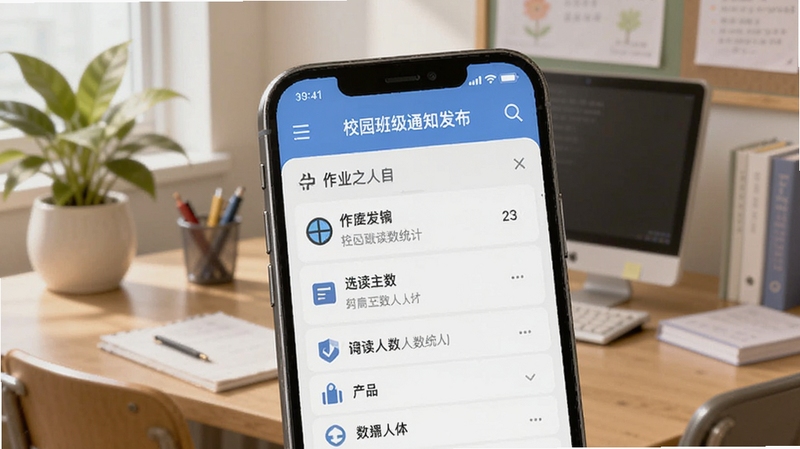 校园班级通知发布界面,画面主体为手机屏幕显示作业列表与已读人数统计,背景区域为教师办公桌与绿植,光线柔和,适合Boogu模型生成