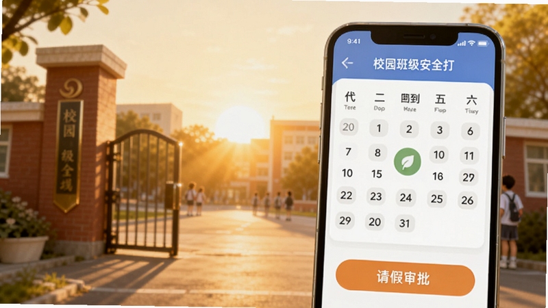 校园班级安全打卡界面,画面主体为手机屏幕显示签到日历与请假审批按钮,背景区域为学校大门与晨光,风格温馨,适合Boogu模型生成