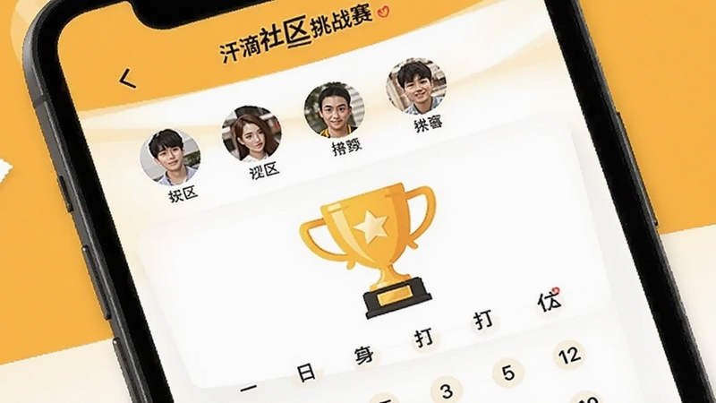 汗滴社区挑战赛页面,手机屏幕显示用户头像列表与打卡日历,中间有奖杯图标,背景为暖黄色与白色