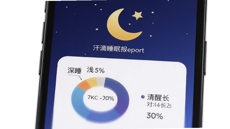 汗滴睡眠报告界面,手机屏幕显示月亮与星星图标,下方有深睡、浅睡、清醒时长占比饼图,背景为深蓝色渐变