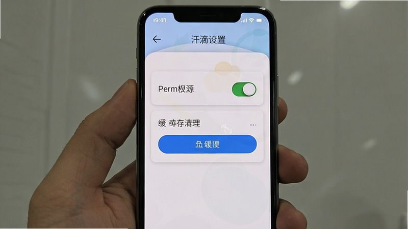 汗滴设置页面截图,手机屏幕显示权限开关与缓存清理按钮,背景为白色卡片式布局