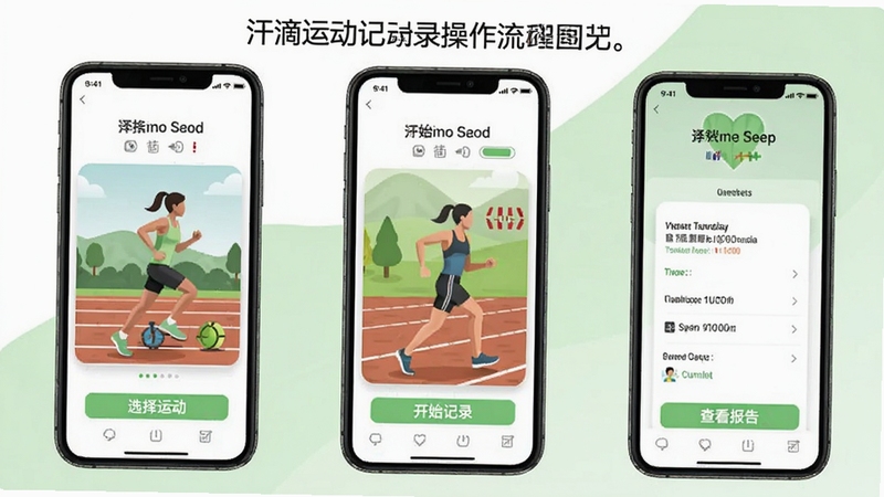 汗滴运动记录操作流程图,手机屏幕分三步展示选择运动、开始记录、查看报告,背景为白色与浅绿色