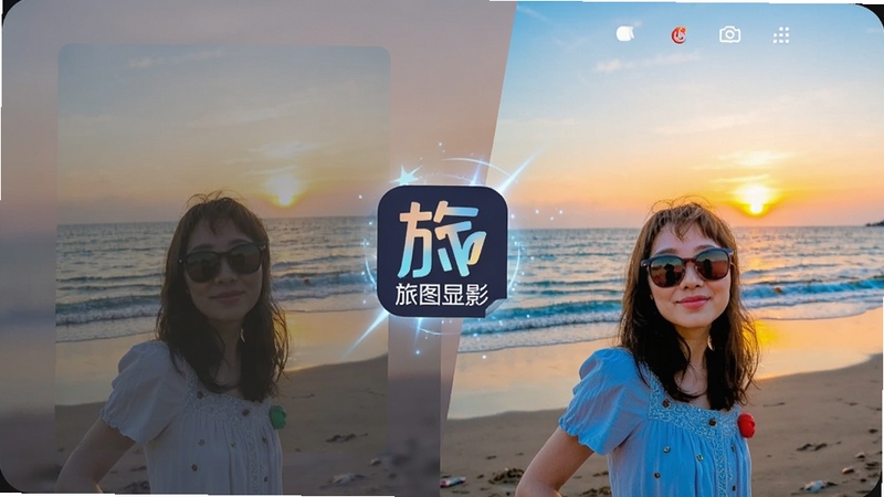 旅图显影 智能识别海边旅拍照片并自动优化色彩,画面左侧展示一张平淡的原片,右侧展示经过软件处理后色彩浓郁、层次分明的成片,中间带有旅图显影的软件图标与光效连接,背景为海滩与日落元素