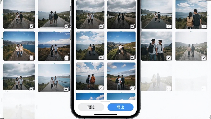 旅图显影 批量处理界面截图,画面展示手机屏幕内多张旅行照片以网格形式排列,每张照片右下角有勾选标记,底部工具栏显示应用预设与导出按钮,背景为浅色极简风格