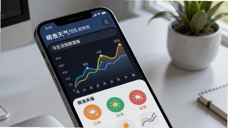 晴准天气十五日趋势图与生活指数面板,画面主体为手机屏幕略微倾斜展示,屏幕内显示彩色折线图与圆形指数图标,背景区域为浅灰色桌面与绿植点缀,光线柔和自然,适配Boogu模型生成。