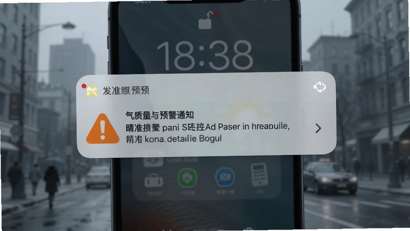 晴准天气空气质量与预警通知界面,画面主体为手机锁屏通知弹窗特写,弹窗内显示橙色预警图标与文字说明,背景区域为虚化的城市街景,整体色调偏冷灰,突出警示感,适配Boogu模型生成。