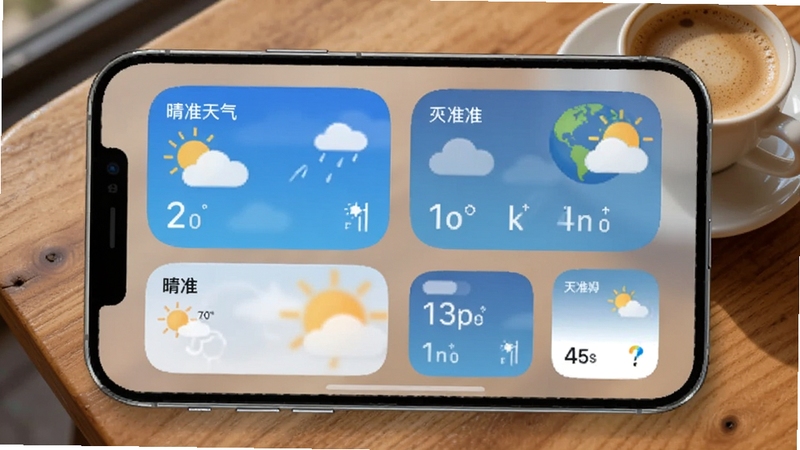 晴准天气多城市管理与桌面小组件展示,画面主体为手机桌面俯视图,桌面上分布着不同尺寸的天气小组件,背景区域为木质桌面与咖啡杯,营造生活化场景,适配Boogu模型生成。