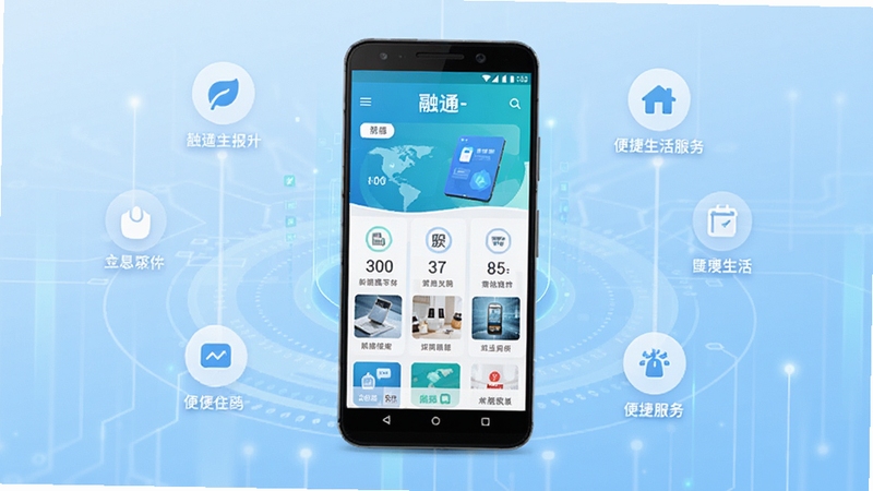 整体展示融通-新软件主界面全貌,画面中央放置一部安卓手机,屏幕显示融通-新应用首页,背景为浅蓝色渐变科技风格,周围点缀简洁的图标元素,突出便捷生活服务定位,画面干净明亮