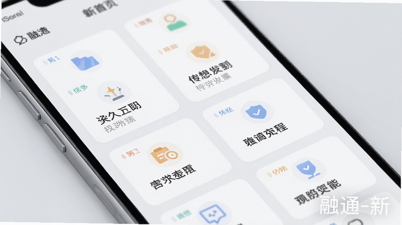 融通-新首页信息聚合功能展示图,画面主体为手机屏幕特写,屏幕内显示多个功能卡片整齐排列,背景为柔和浅灰色,光线柔和,突出界面清爽有序,软件名融通-新以水印形式出现在画面角落
