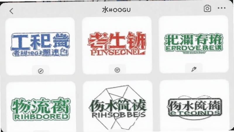 水印相机打卡照片应用内的水印模板选择界面,屏幕上排列着多个不同风格的水印缩略图,包括工程蓝色调、考勤红色调、物流绿色调,背景为浅灰色,适配Boogu模型生成。