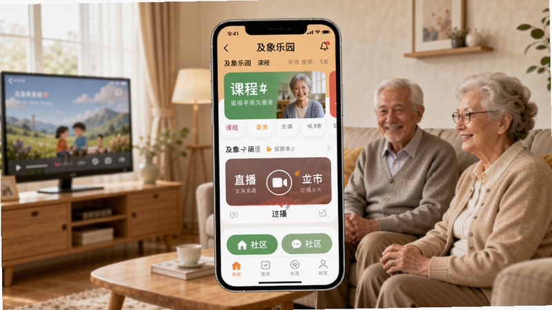 及象乐园 应用界面全景预览图,画面中央展示一部智能手机屏幕,屏幕内呈现及象乐园APP主界面,包含课程卡片、直播入口和社区按钮,背景为温暖明亮的客厅环境,面向中老年用户群体的温馨氛围