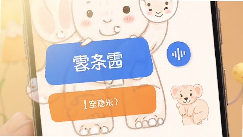 及象乐园 适老化界面细节图,展示手机屏幕上的大字体按钮、语音输入图标和高对比度色彩搭配,背景为柔和的暖色调,突出简洁易用的设计风格