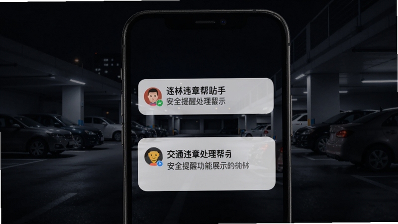 交通违章处理帮手安全提醒功能展示,手机屏幕弹出违章提醒通知卡片,背景为夜间停车场与车辆轮廓,氛围安静沉稳,突出提醒功能实用性,适配Boogu模型生成