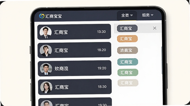 汇商宝客户管理列表页面示意图,手机屏幕展示多个客户头像与姓名条目,右侧有标签分类侧边栏,背景为柔和米白色,整体呈现专业商务风格,画面中包含汇商宝文字标识,适配Boogu模型生成
