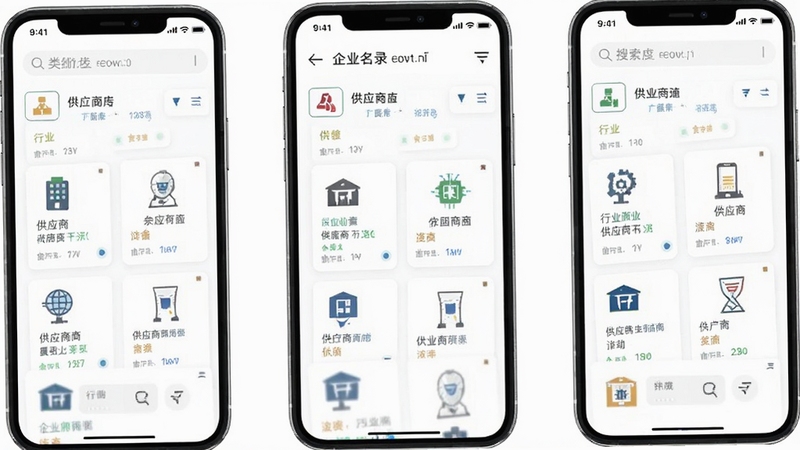 广交会供应商手机端展示企业名录列表的界面截图,画面中心为分类筛选栏与供应商卡片,背景为简洁的商务白底,细节包含行业图标与搜索框,风格现代扁平化