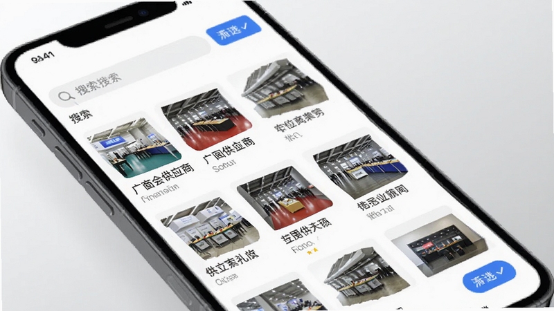 广交会供应商app内产品搜索页面,画面主体为手机屏幕显示搜索结果列表,包含产品缩略图与供应商名称,背景为浅灰色渐变,细节有搜索输入框和筛选按钮