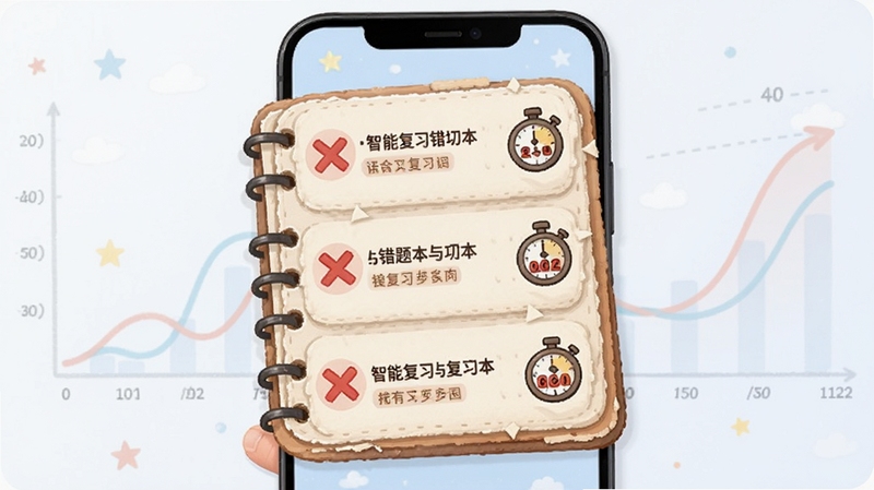 ��������԰���ܸ�ϰ����Ȿ���ܽ��棬����չʾ�ֻ���Ļ��һ����ͨ�ʼǱ���ʽ�Ĵ����б���ÿ���������к�ɫ��ź͸�ϰ����ʱͼ�꣬�����е����ļ�������ͼ��װ�Σ����ֿ�ѧ��ϰ����