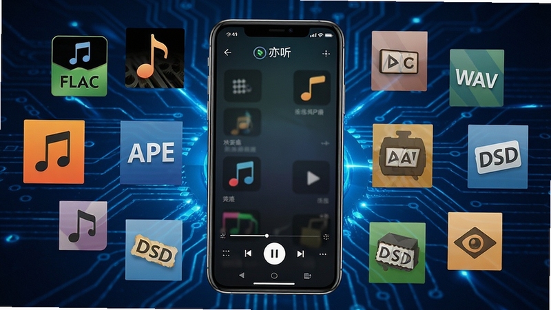 ����������չʾ������Ƶ��ʽͼ�껷���ֻ���Ļ��FLAC��APE��WAV��DSD�ȱ�־�����ɼ����ֻ���Ļ��ʾ�������Ž��棬����Ϊ����ɫ�Ƽ��й�Ч