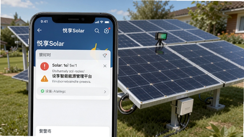 悦享Solar智慧能源管理平台告警中心界面,画面主体为手机屏幕显示一条设备离线告警通知,背景是家庭光伏电站的实景照片,风格写实,突出告警功能的及时性与便捷性,带有悦享Solar的界面元素